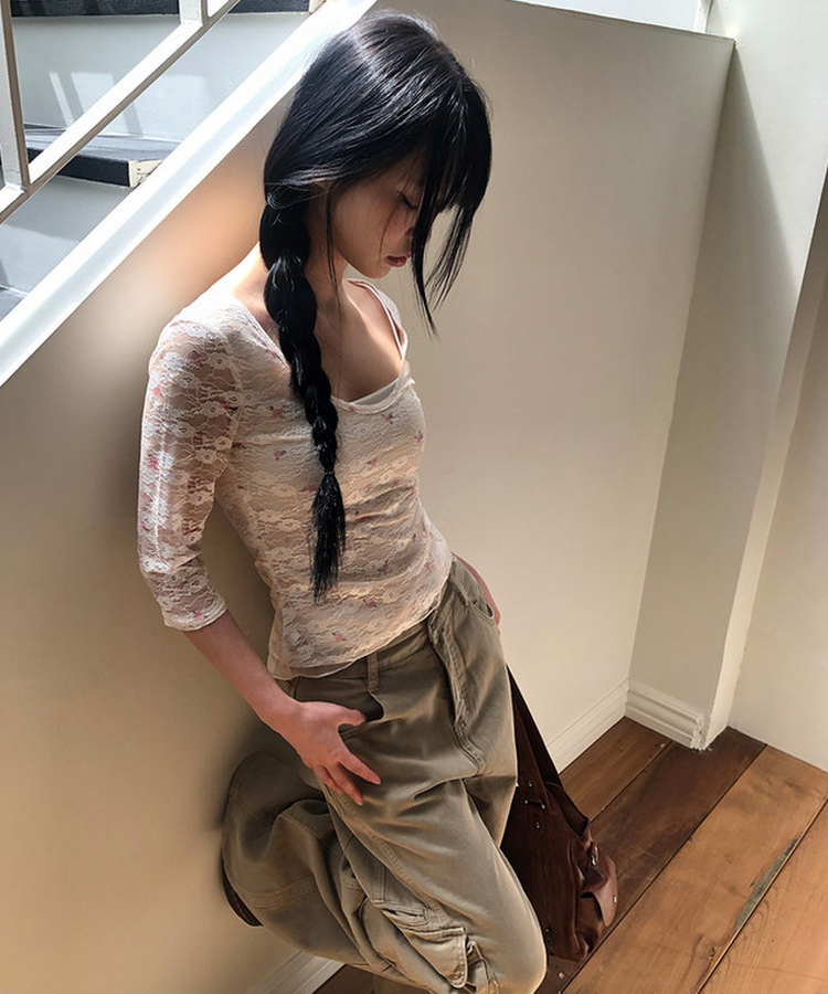 フラワーシースルー7分袖Tシャツ WHITE