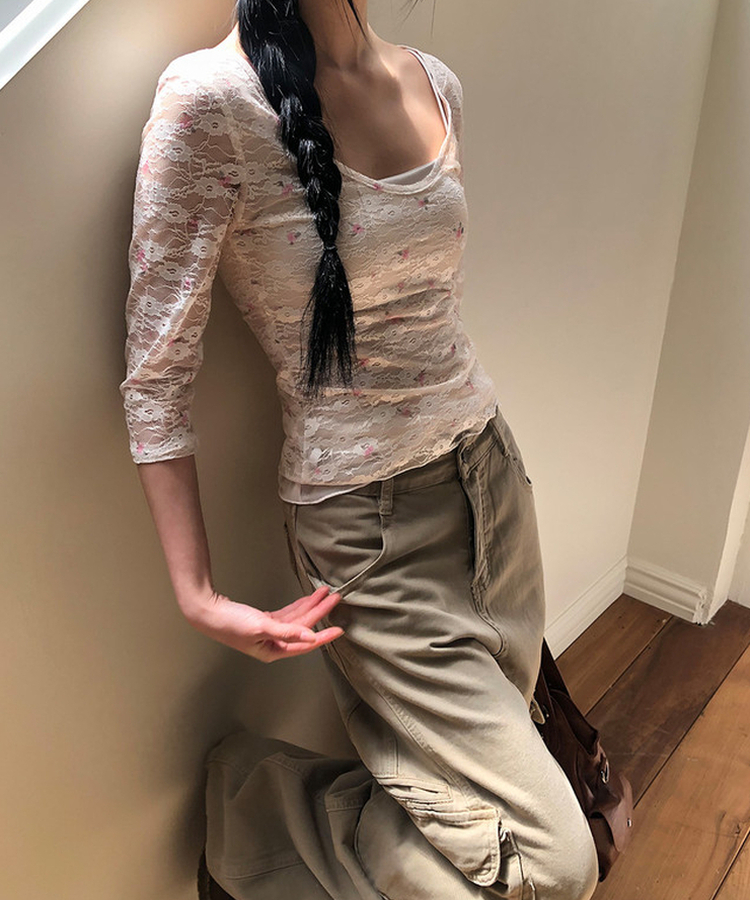 フラワーシースルー7分袖Tシャツ WHITE