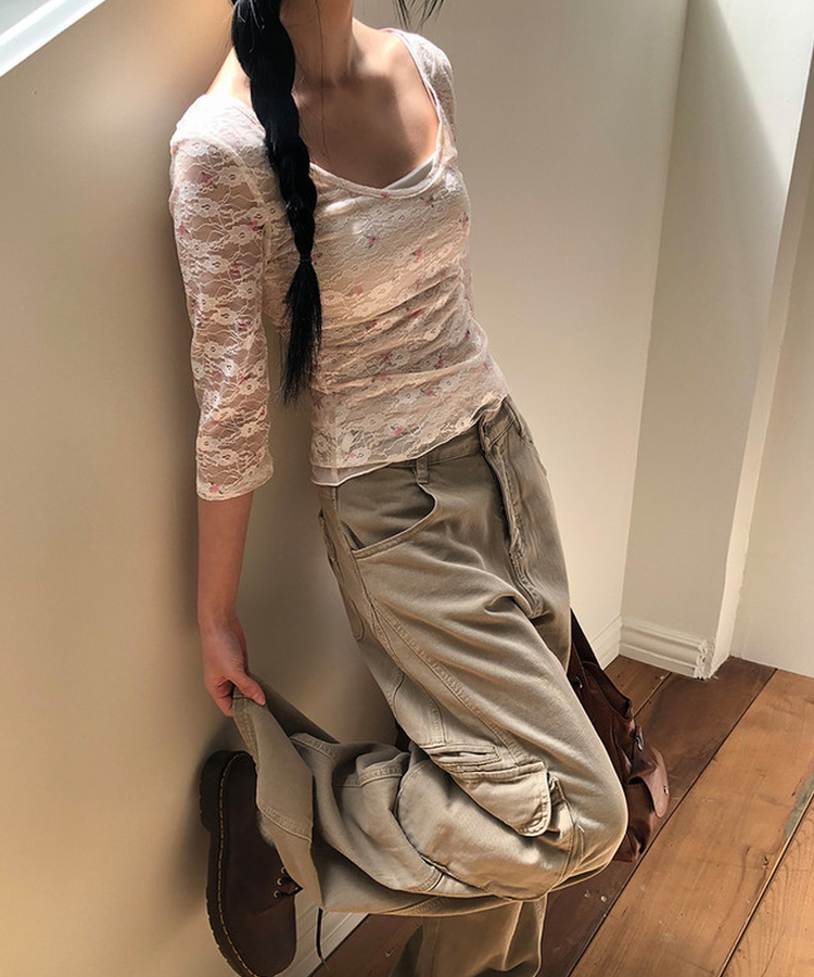 フラワーシースルー7分袖Tシャツ WHITE