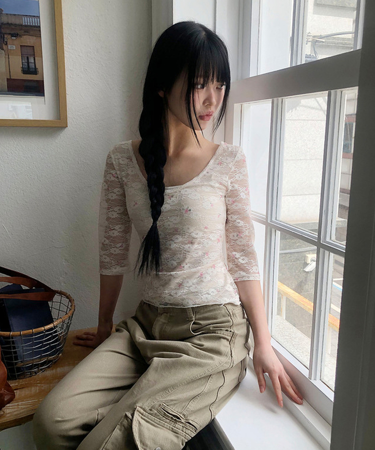 フラワーシースルー7分袖Tシャツ WHITE