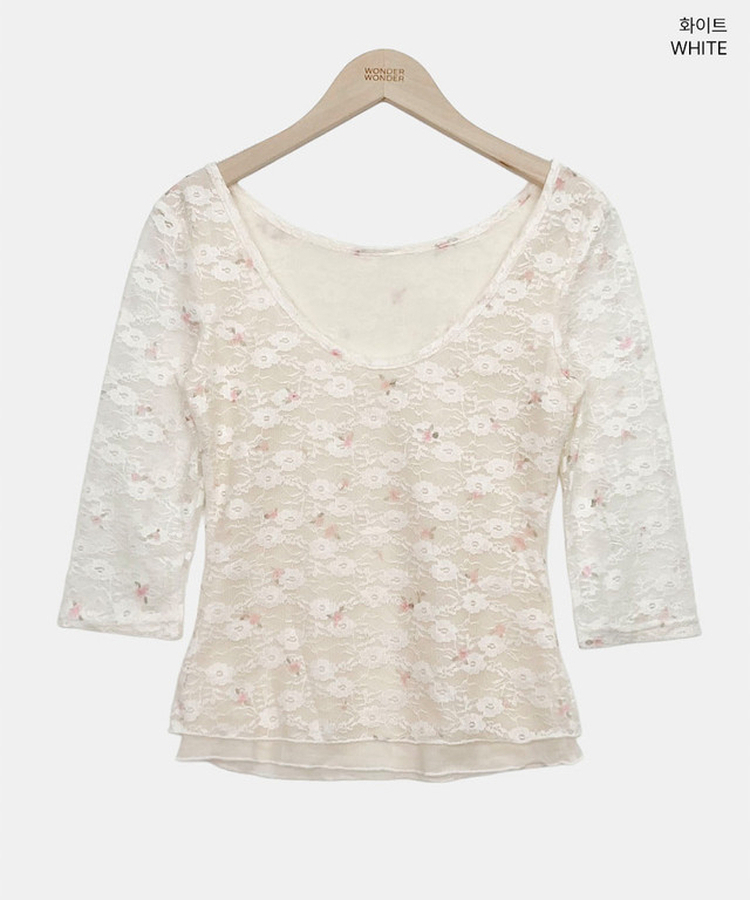 フラワーシースルー7分袖Tシャツ