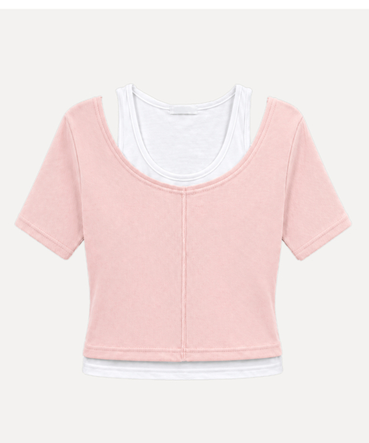 バイカラーレイヤードホルターネック半袖Tシャツ(5color)｜半袖Tシャツ 