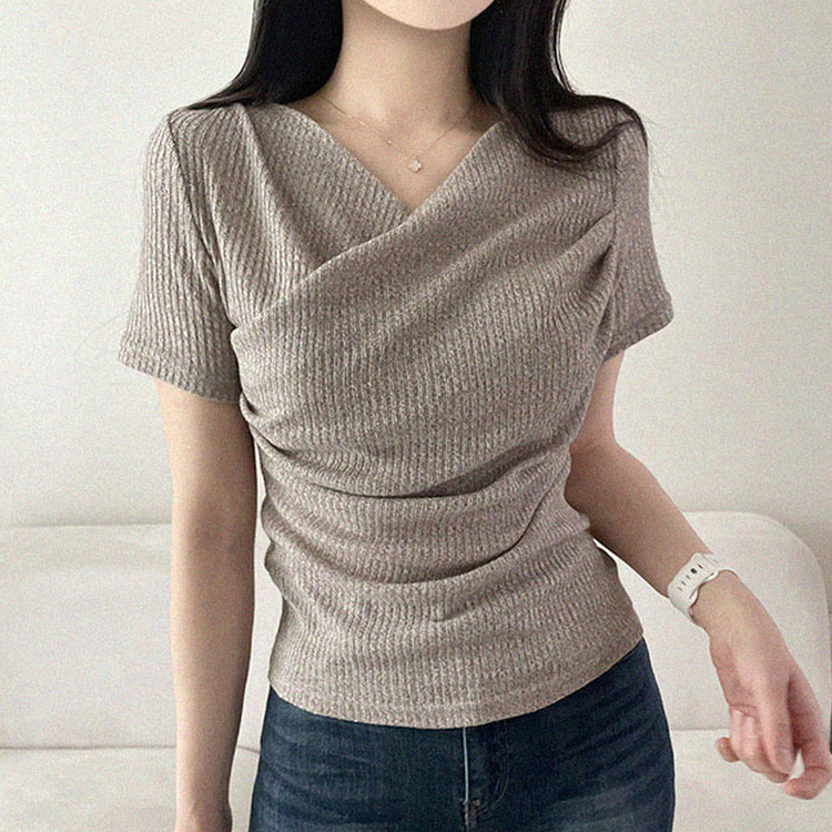 フェミニンラップVネック半袖Tシャツ BEIGE