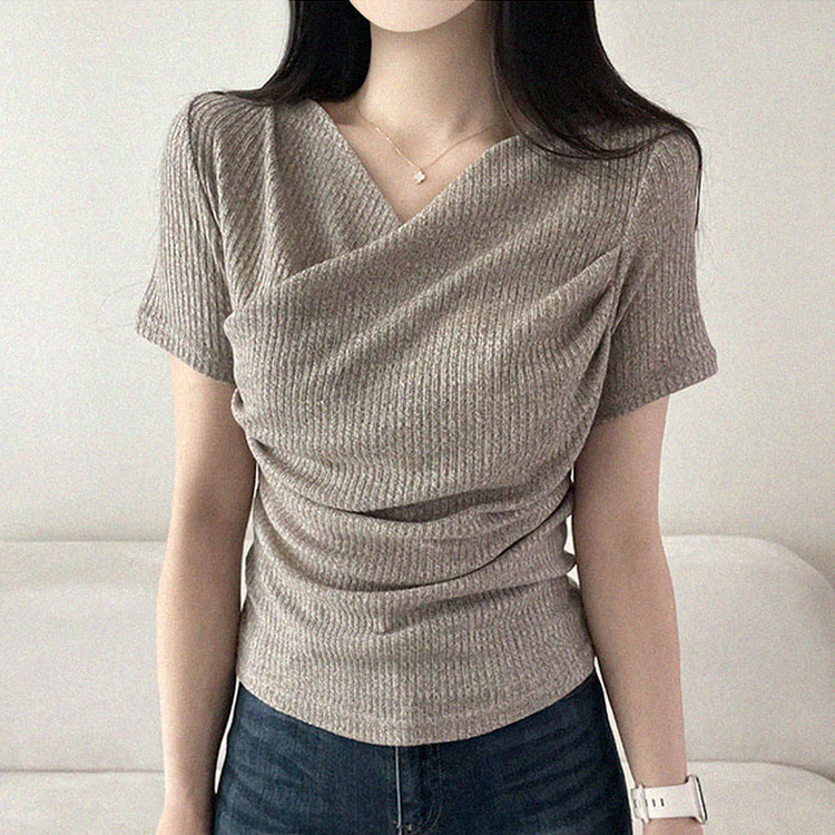 フェミニンラップVネック半袖Tシャツ BEIGE