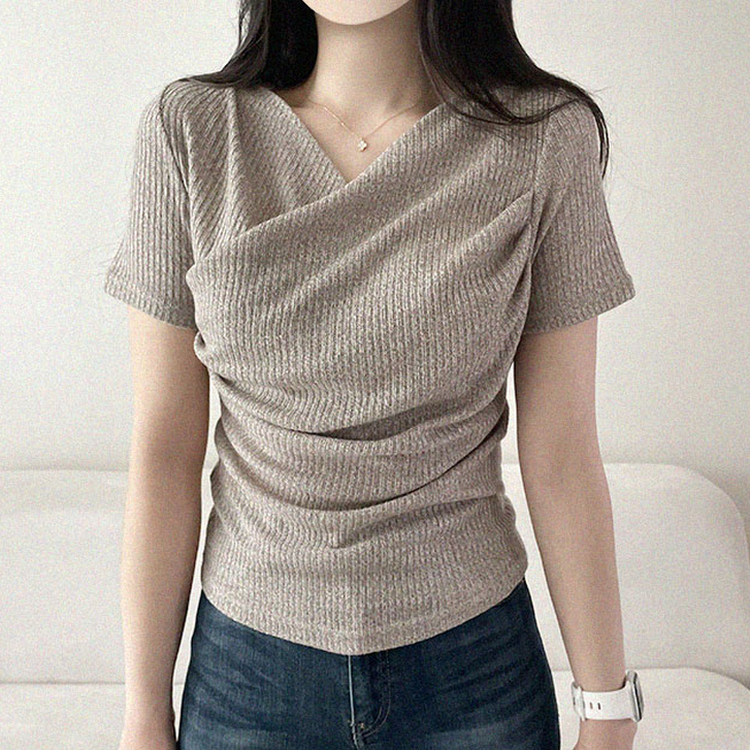 フェミニンラップVネック半袖Tシャツ BEIGE