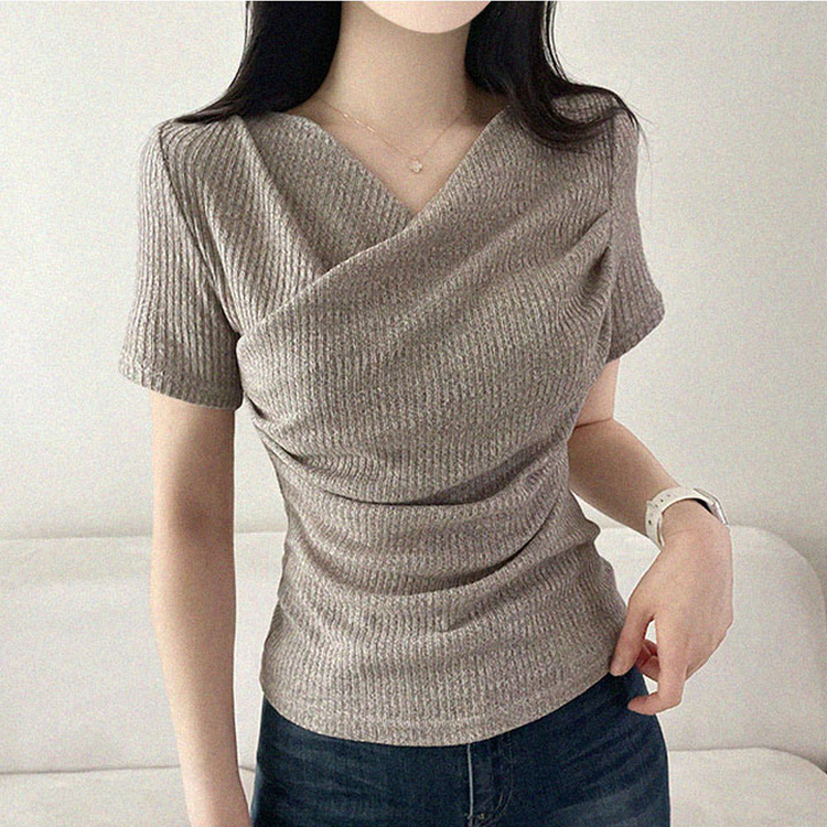 フェミニンラップVネック半袖Tシャツ BEIGE