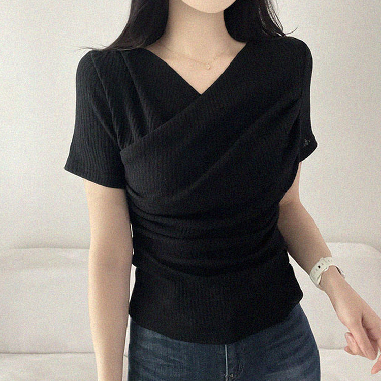 フェミニンラップVネック半袖Tシャツ BLACK