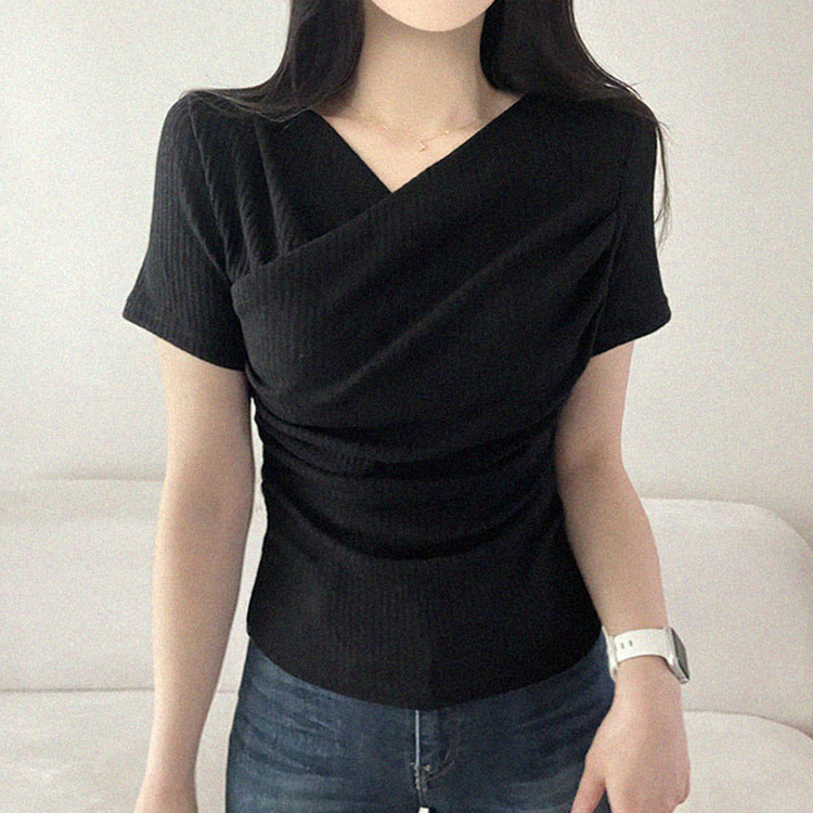 フェミニンラップVネック半袖Tシャツ BLACK