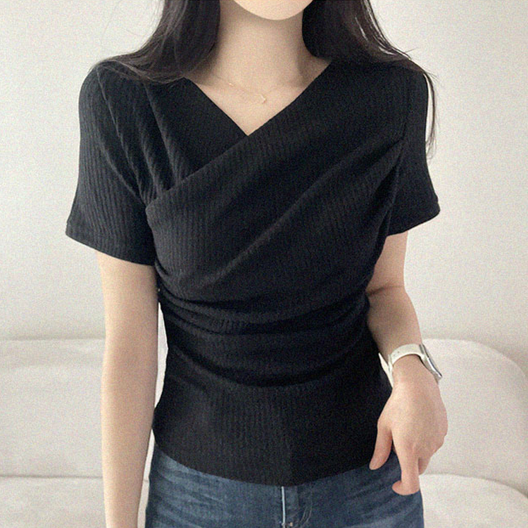 フェミニンラップVネック半袖Tシャツ BLACK