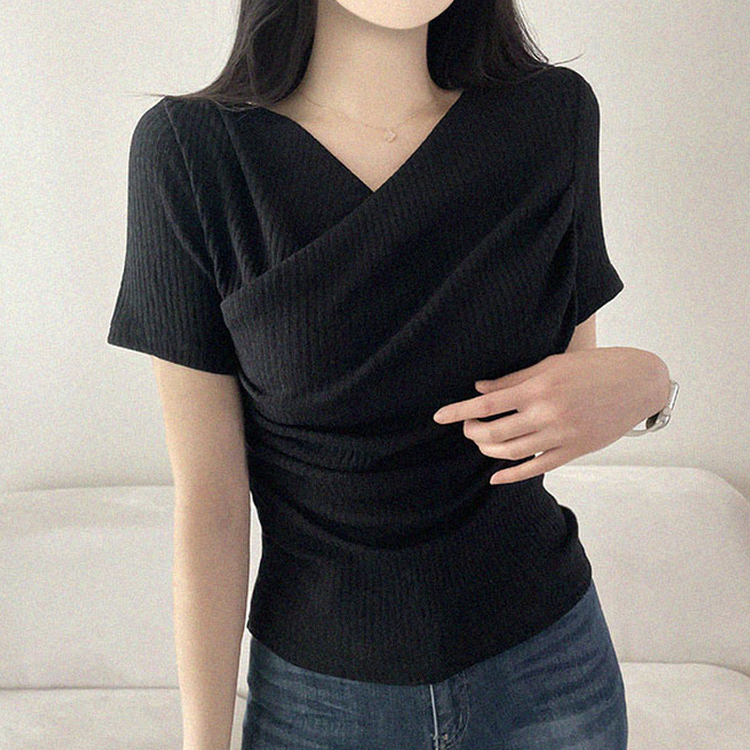 フェミニンラップVネック半袖Tシャツ BLACK
