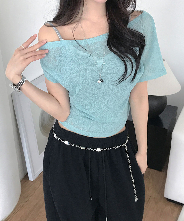 원앤 셔링 언발 원오프숄더 로즈패턴 나시 민트