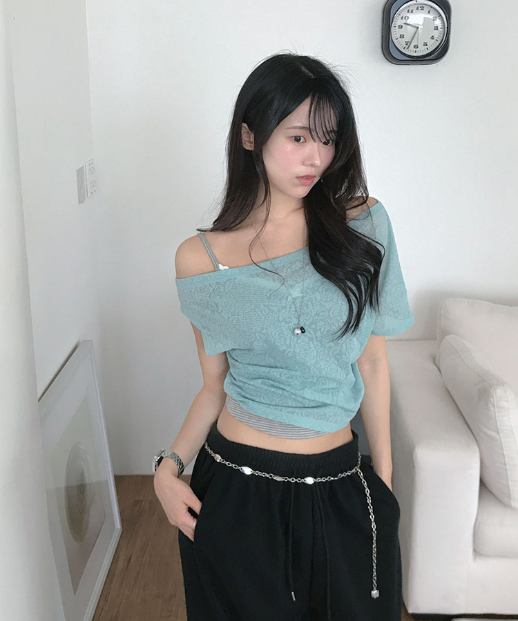 원앤 셔링 언발 원오프숄더 로즈패턴 나시 민트