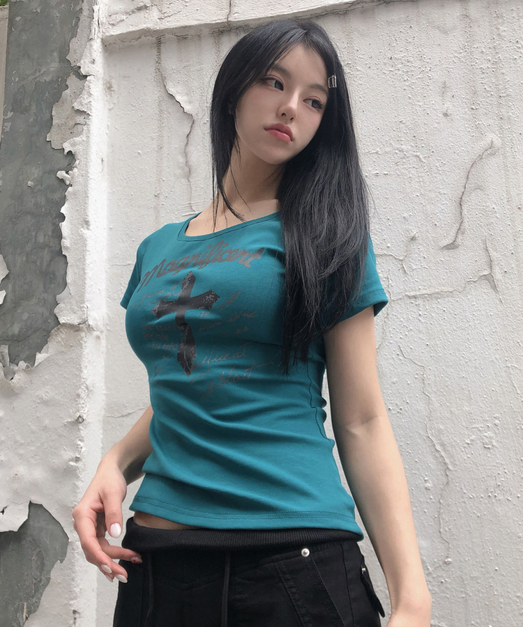 クロスプリントスリム半袖Tシャツ｜半袖Tシャツ｜韓国ファッション通販