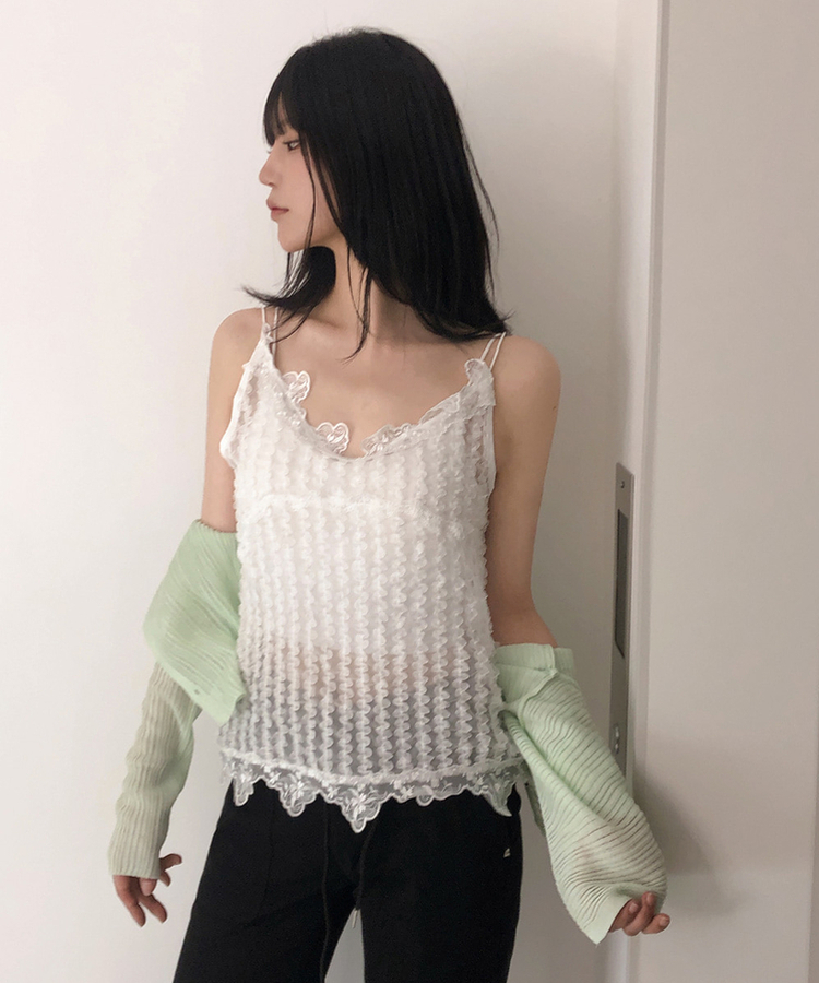 フリルレースシースルーキャミソール｜ノースリーブ｜韓国ファッション