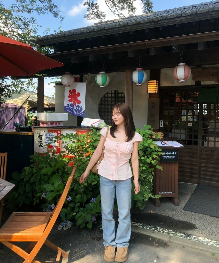 프론트 리본 셔링 블라우스 핑크