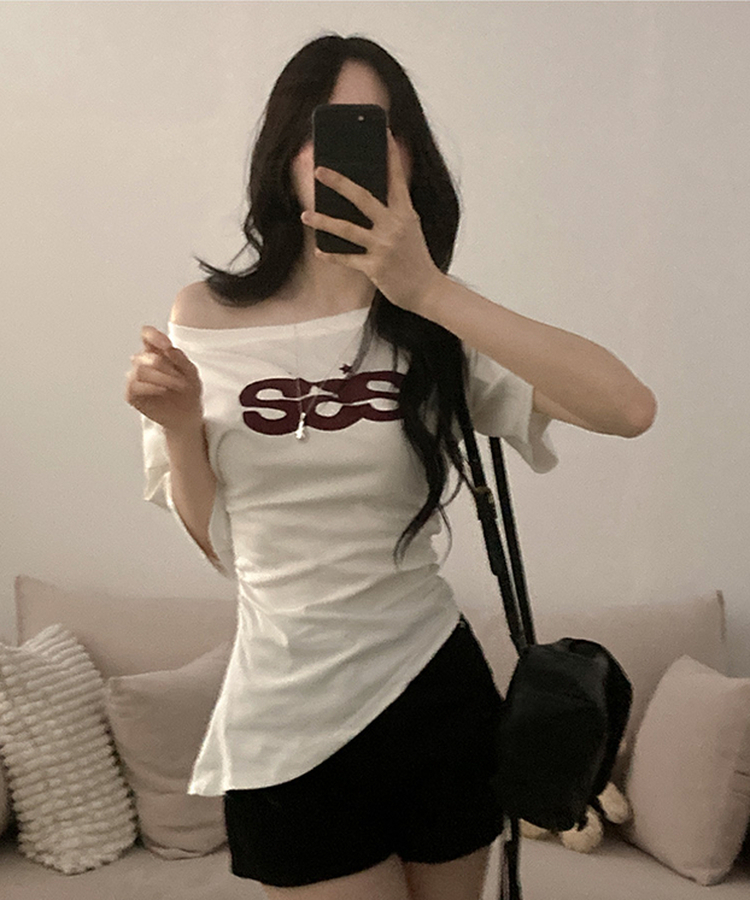에이스 오프숄더 여리 언발 롱 반팔 티셔츠 화이트