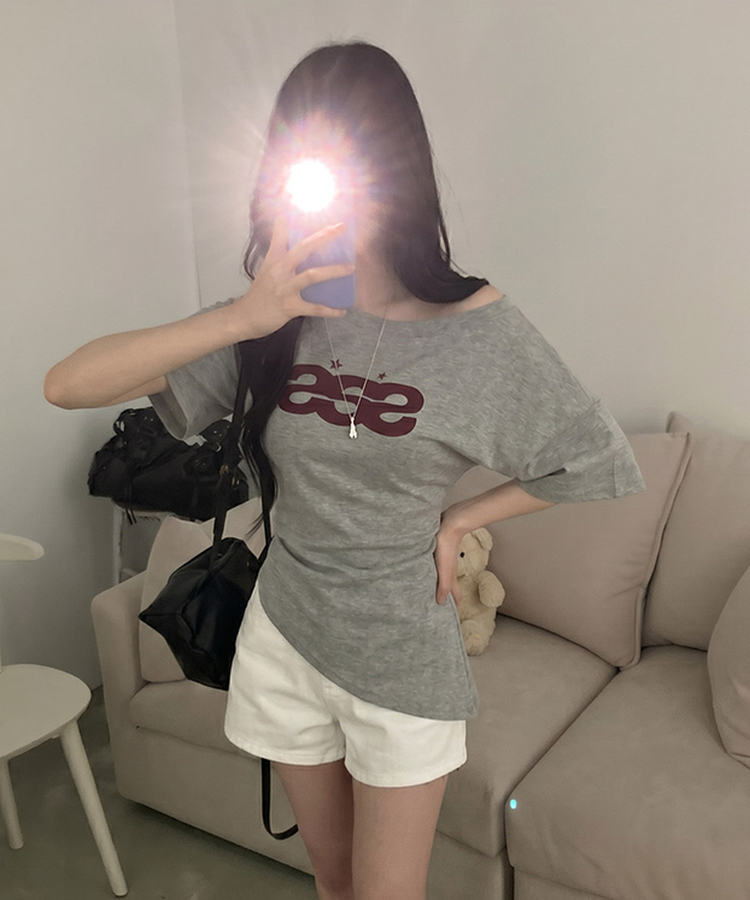 에이스 오프숄더 여리 언발 롱 반팔 티셔츠 그레이
