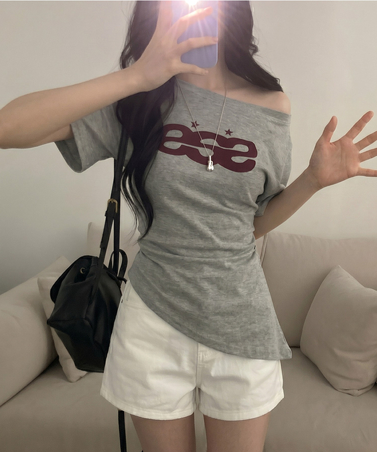 에이스 오프숄더 여리 언발 롱 반팔 티셔츠 그레이