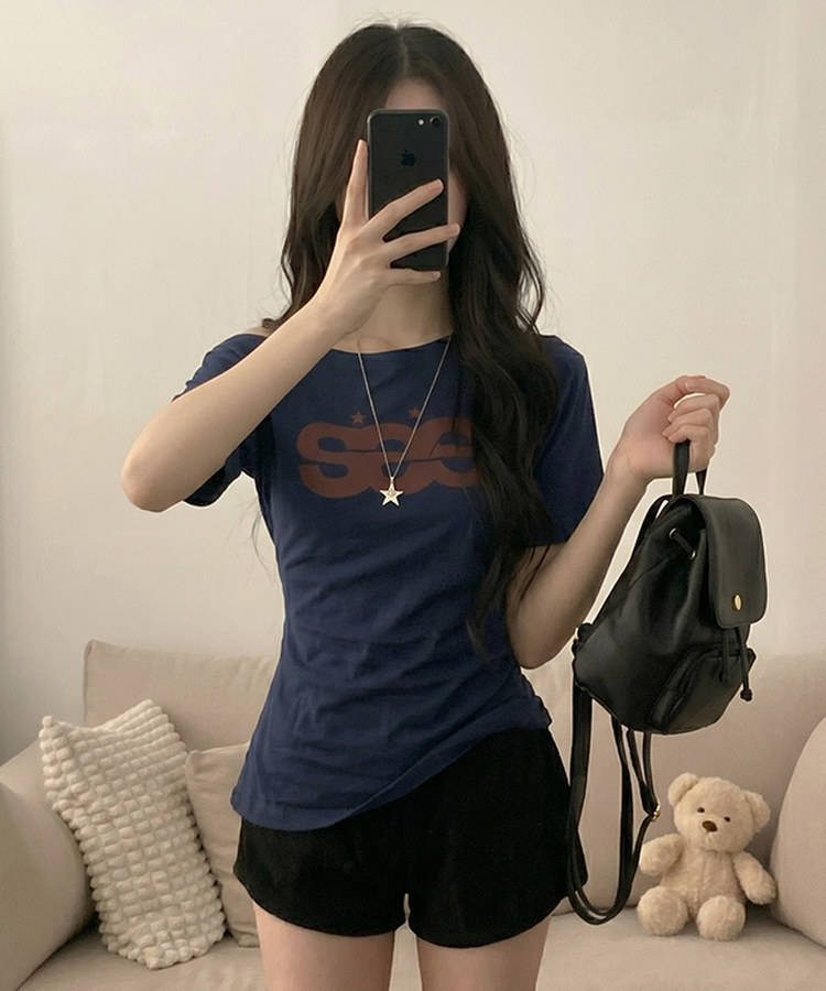 에이스 오프숄더 여리 언발 롱 반팔 티셔츠 네이비