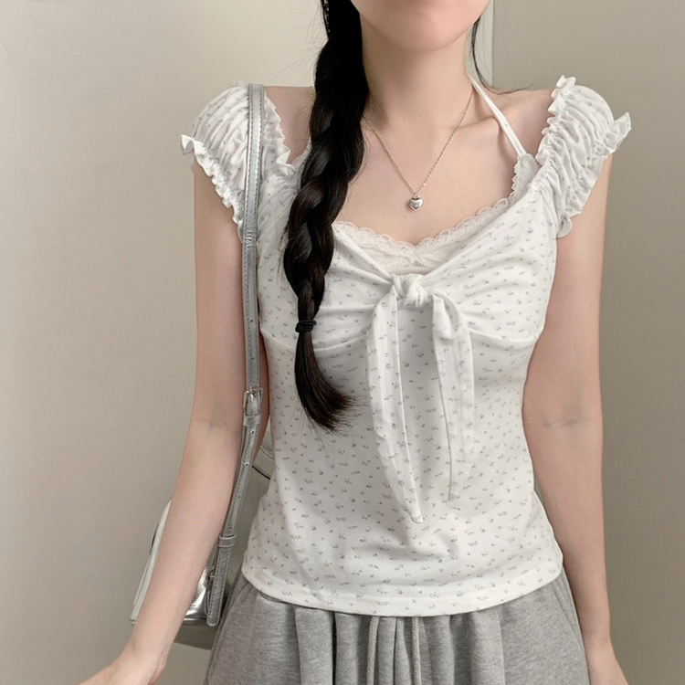 レイヤード風フラワーホルターネックTシャツ WHITE