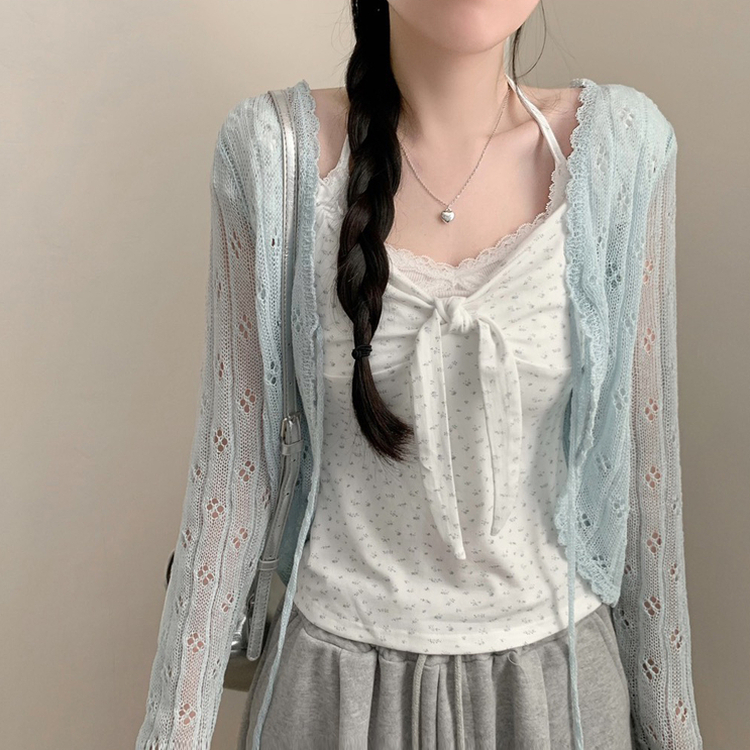 レイヤード風フラワーホルターネックTシャツ WHITE