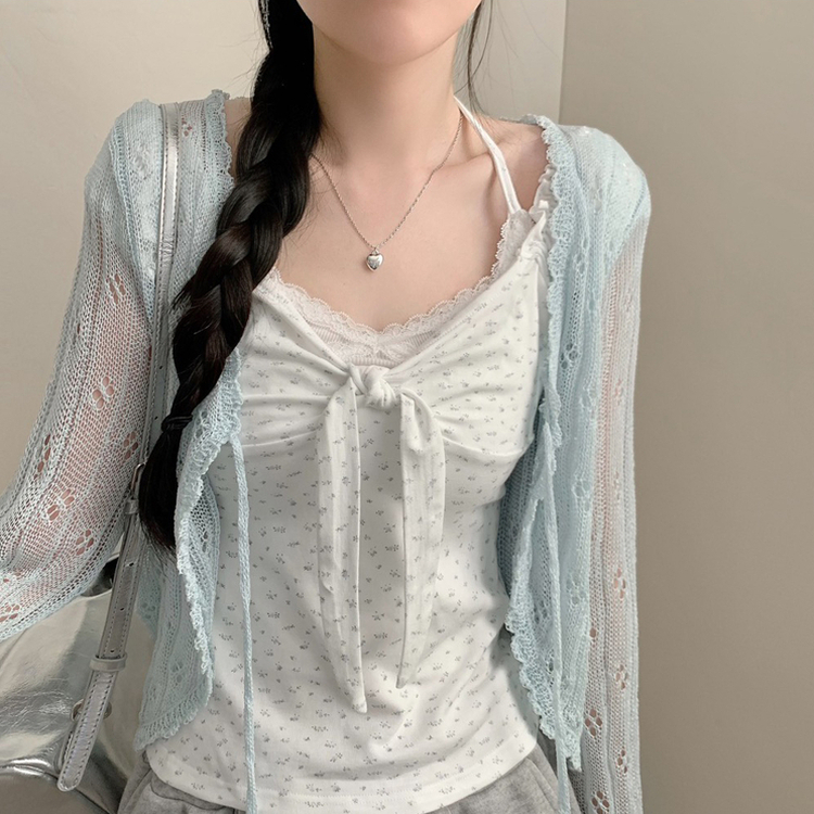 レイヤード風フラワーホルターネックTシャツ WHITE