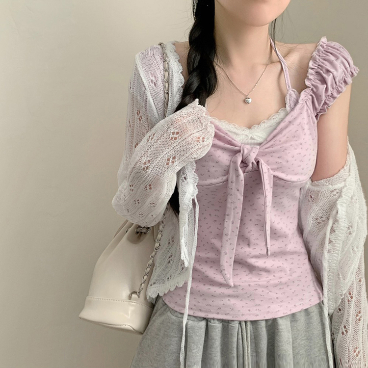 レイヤード風フラワーホルターネックTシャツ PURPLE
