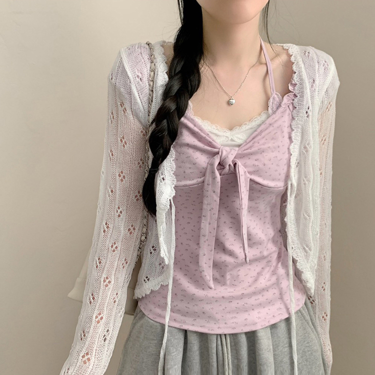 レイヤード風フラワーホルターネックTシャツ PURPLE