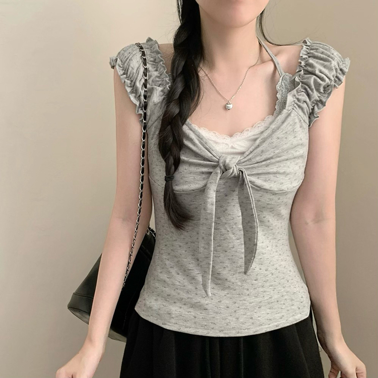 レイヤード風フラワーホルターネックTシャツ GREY