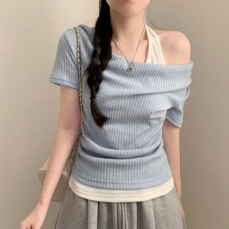 여름 반팔 뮤지 레이어드 드레이프 홀터넥 나시 일체형 반팔티 반소매티셔츠 여름 상의 여름옷 레이어드티 소라
