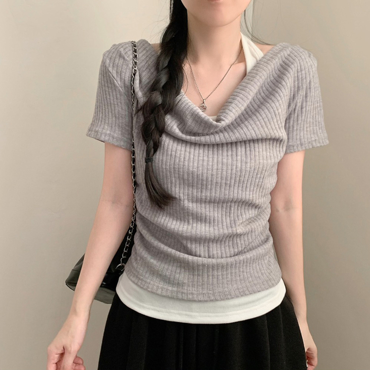 여름 반팔 뮤지 레이어드 드레이프 홀터넥 나시 일체형 반팔티 반소매티셔츠 여름 상의 여름옷 레이어드티 그레이