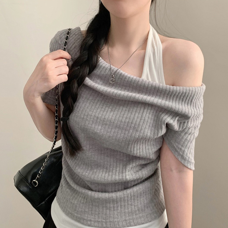 여름 반팔 뮤지 레이어드 드레이프 홀터넥 나시 일체형 반팔티 반소매티셔츠 여름 상의 여름옷 레이어드티 그레이
