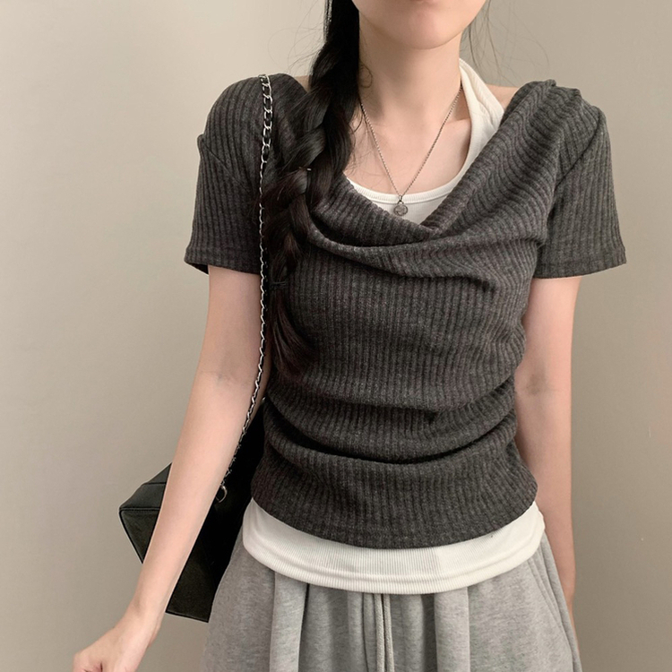 여름 반팔 뮤지 레이어드 드레이프 홀터넥 나시 일체형 반팔티 반소매티셔츠 여름 상의 여름옷 레이어드티 먹색