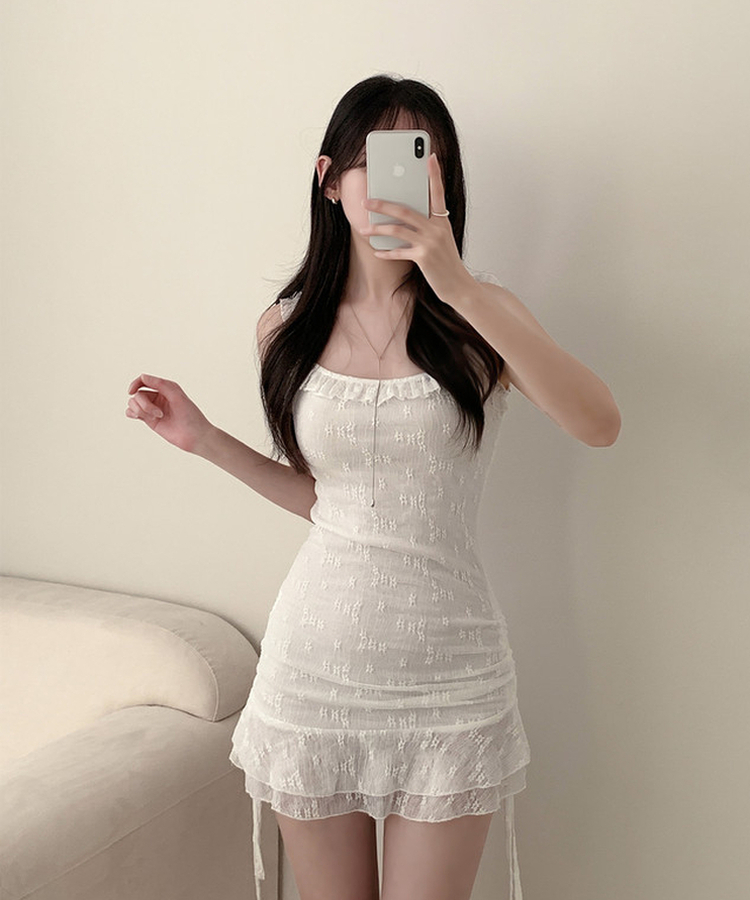 パンチングレースフリルキャミソールミニワンピース WHITE