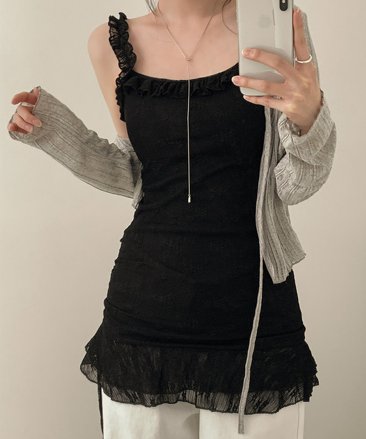 パンチングレースフリルキャミソールミニワンピース BLACK