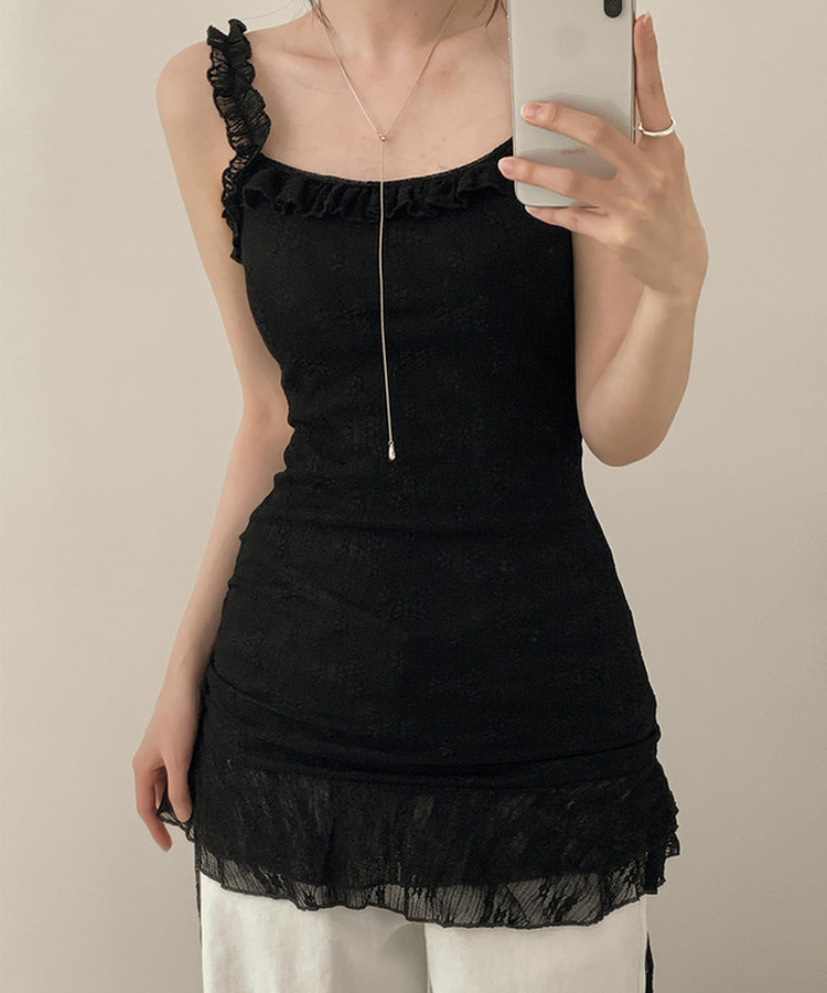 パンチングレースフリルキャミソールミニワンピース BLACK
