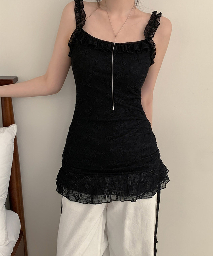 パンチングレースフリルキャミソールミニワンピース BLACK