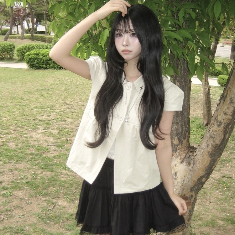 [음기미소녀/도쿄걸] 시크 쓰리버튼 포켓 반팔 레이어드 자켓 블라우스 베이지