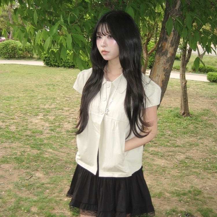 [음기미소녀/도쿄걸] 시크 쓰리버튼 포켓 반팔 레이어드 자켓 블라우스 베이지
