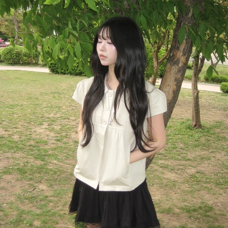 [음기미소녀/도쿄걸] 시크 쓰리버튼 포켓 반팔 레이어드 자켓 블라우스 베이지
