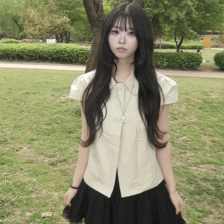 [음기미소녀/도쿄걸] 시크 쓰리버튼 포켓 반팔 레이어드 자켓 블라우스 베이지