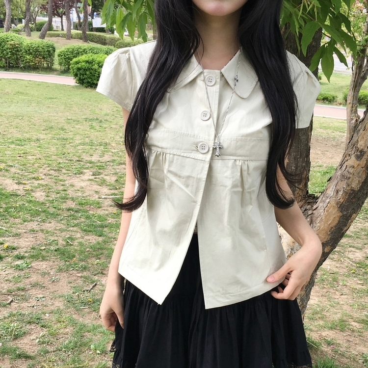 [음기미소녀/도쿄걸] 시크 쓰리버튼 포켓 반팔 레이어드 자켓 블라우스 베이지