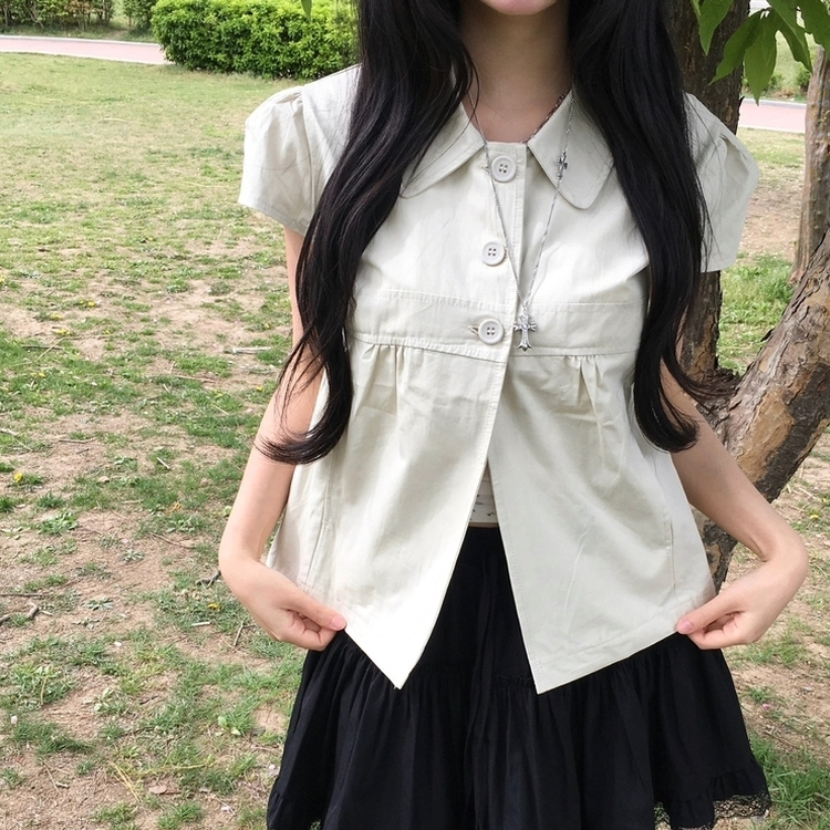 [음기미소녀/도쿄걸] 시크 쓰리버튼 포켓 반팔 레이어드 자켓 블라우스 베이지