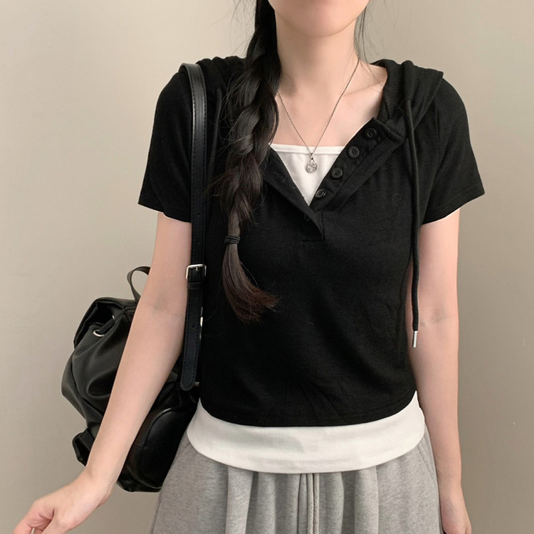 (후드/일체형) 로이 후드 크롭 반팔티 후드티 반소매 티셔츠 여름 상의 여름옷 캐주얼 데일리 수학여행 체육대회 후드 (4color) 블랙