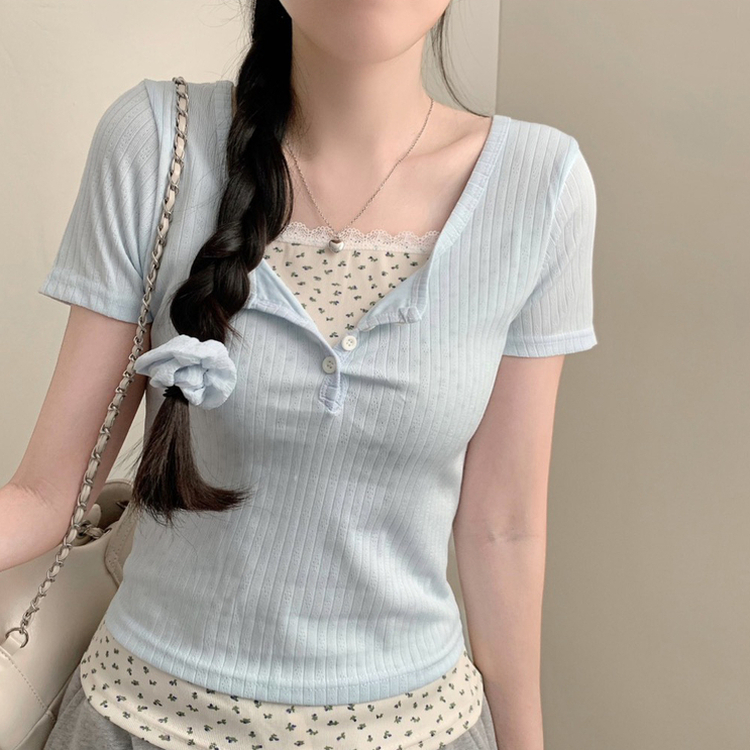 (러블리) 베스트 잔꽃 레이어드 일체형 반팔티 반소매 티셔츠 여름 상의 여름옷 플라워 벚꽃 (3color) 소라