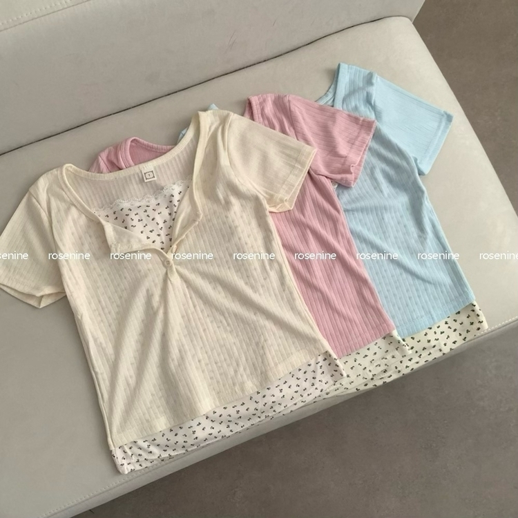 (러블리) 베스트 잔꽃 레이어드 일체형 반팔티 반소매 티셔츠 여름 상의 여름옷 플라워 벚꽃 (3color)