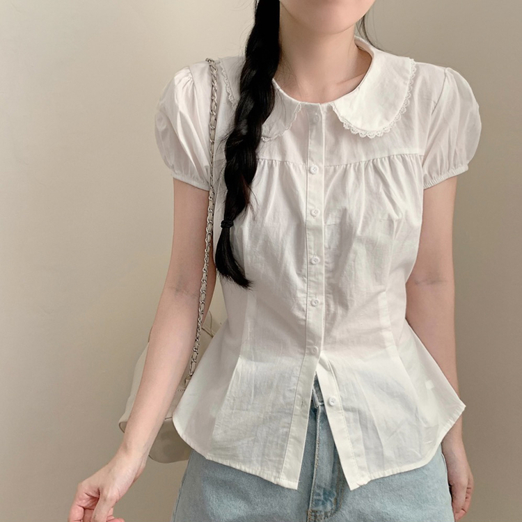 체리 체크 둥근카라 절개 허리 리본 퍼프 소매 반팔 블라우스 여름 상의 여름옷 휴가룩 (2color) 아이보리