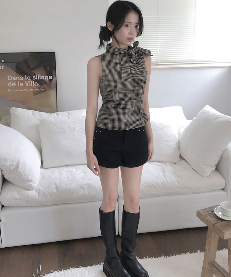 チェックリボンノースリーブブラウス BLACK