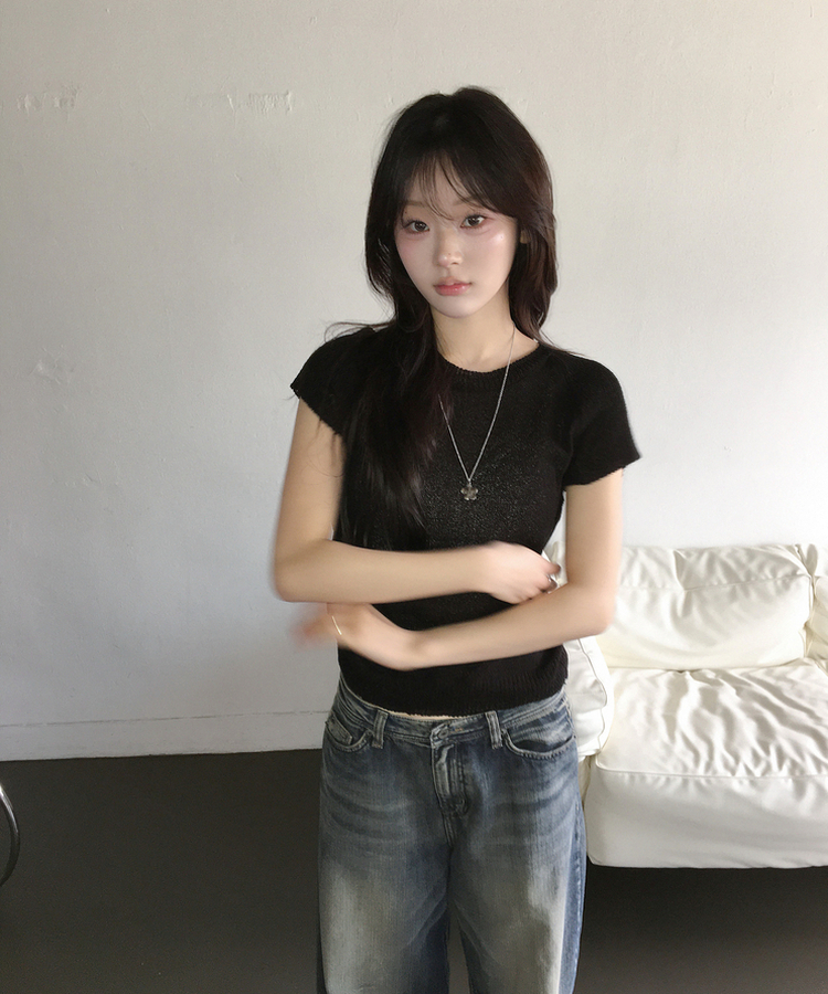 シースルー半袖ニット BLACK