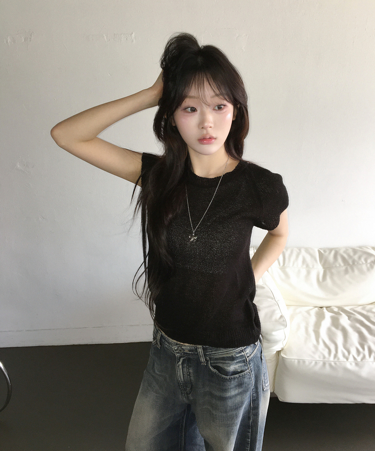 シースルー半袖ニット BLACK